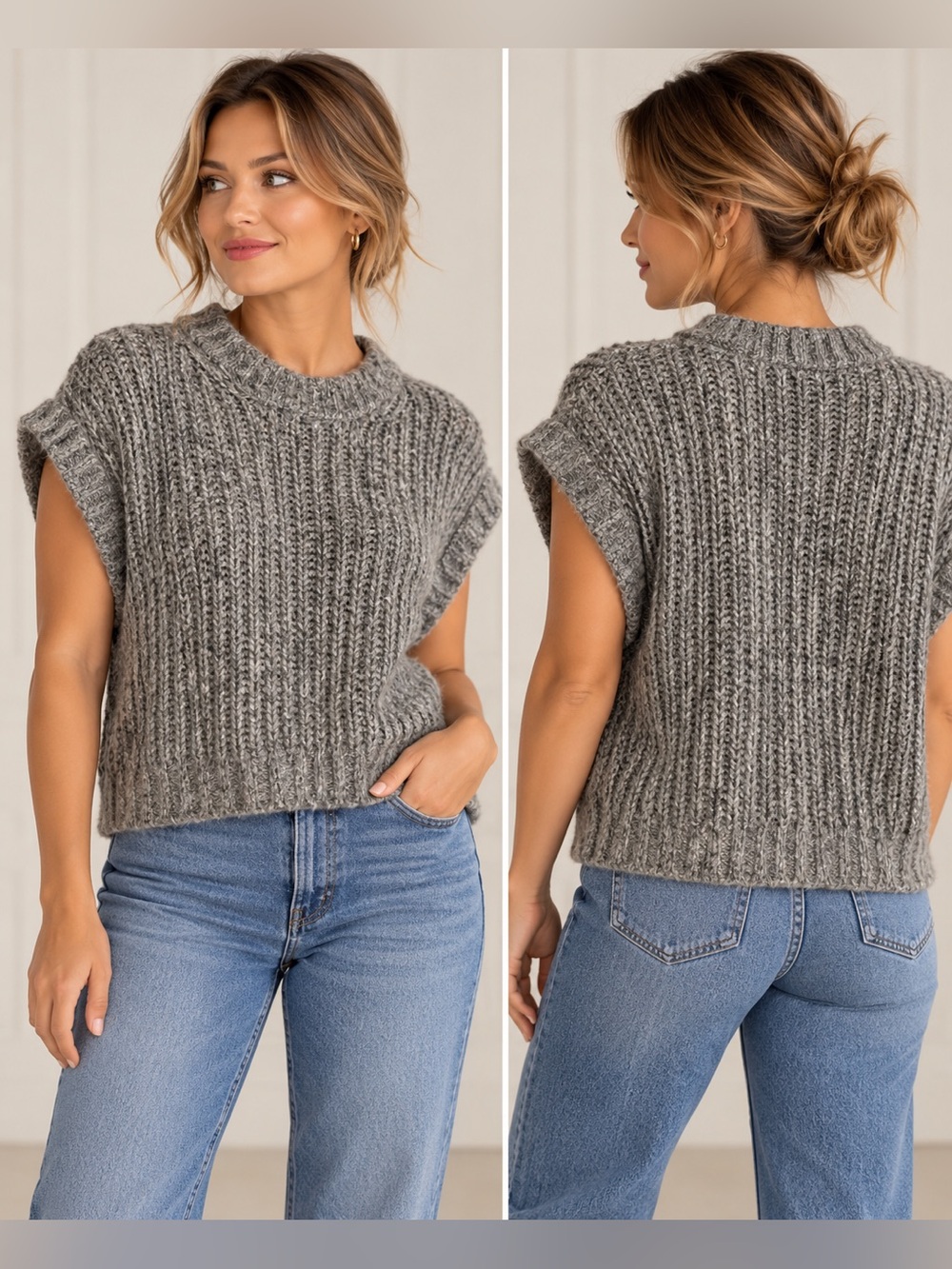 b.young Bymetta Vest Gray Wool Blend Sweater Size Small NWT